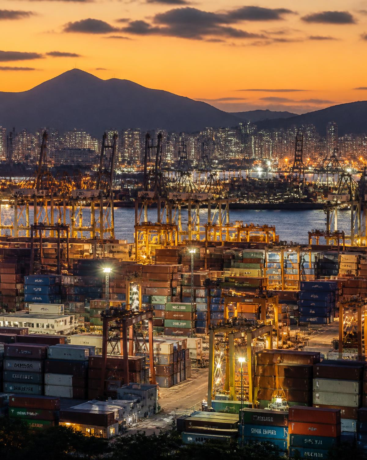 Puerto de contenedores en China al atardecer con grúas portuarias