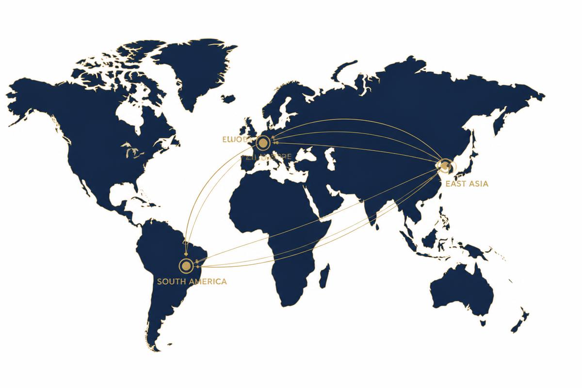 Mapa mundial minimalista con las rutas de importación desde China a España y Colombia